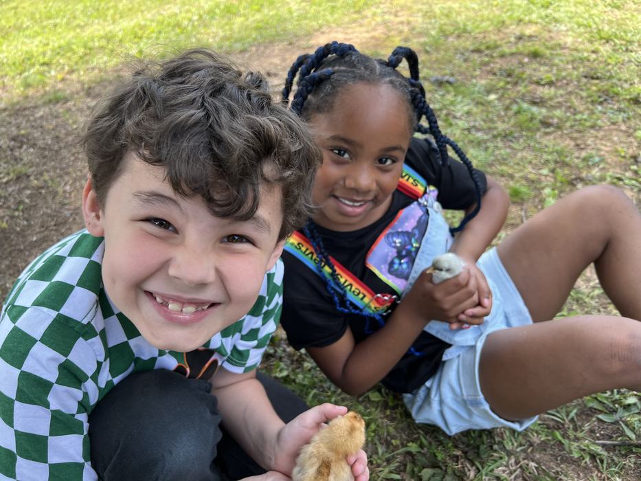Two children sitting on grass, each holding a baby chick