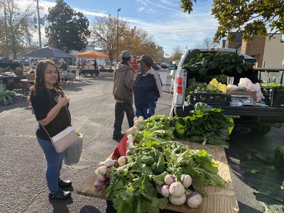 Farmers market stall with turnips and leafy greens on a table and a pickup truck in background