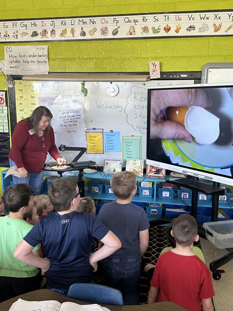 Teacher demonstrating cracking an egg on a document camera while students watch a large screen