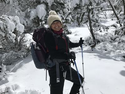Image of Jamie Bookwalter in snowy mountains.