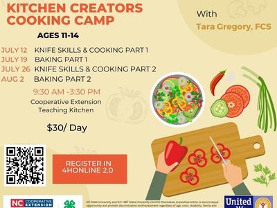 Flyer with animated hands chopping vegetables on a cutting board and information about the Kitchen Creators Summer Camp.