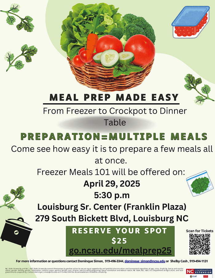 Meal Prep Made Easy flyer with vegetable basket containers background date, time location and registration info