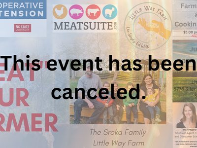 "This event has been canceled." over MEAT YOUR FARMER farm tour and cooking demo flyer