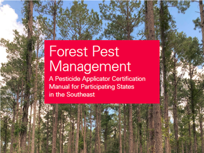 The Forest Pest Management book cover is shown. The cover has a stand of trees on the front of it.