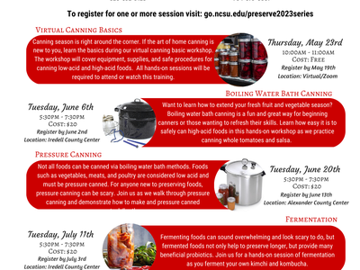 To register for one or more session visit: go.ncsu.edu/preserve2023series Virtual Canning Basics:Canning season is right around the corner. If the art of home canning is new to you, learn the basics during our virtual canning basic workshop. The workshop 