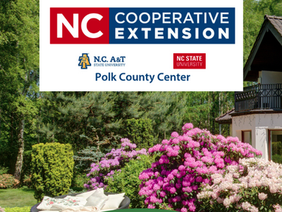Garden with flowering shrubs and house; banner: NC Cooperative Extension Polk County Center