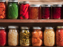 Rows of glass jars with assorted preserved vegetables and jams on wooden shelves