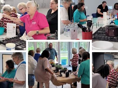 Collage of volunteers preparing food.