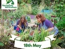 Two women gardening in raised beds; logo "World Therapeutic Horticulture Day" and "18th May"