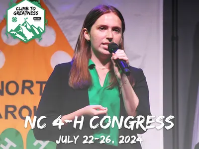 Young person speaking into a microphone at NC 4-H Congress; text "NC 4-H CONGRESS July 22–26, 2024"