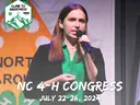 Young person speaking into a microphone at NC 4-H Congress; text "NC 4-H CONGRESS July 22–26, 2024"