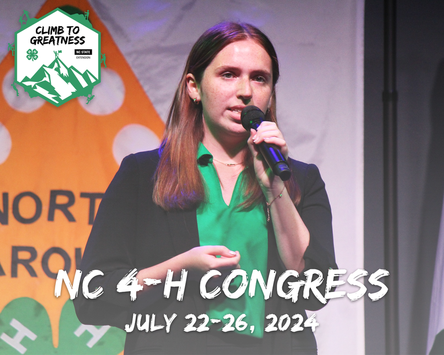 Young person speaking into a microphone at NC 4-H Congress; text "NC 4-H CONGRESS July 22–26, 2024"