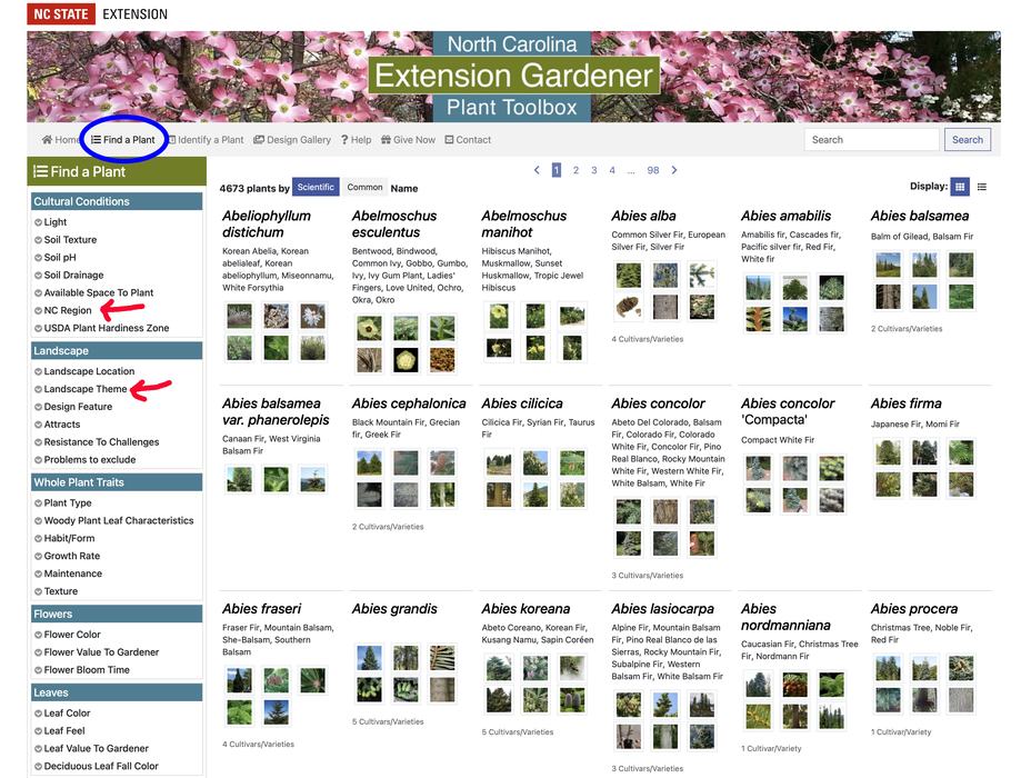 page view with Find a Plant circled and left side menu choices indicated with arrows.