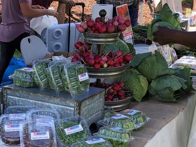 Farmers market stand with radishes, cabbages and packaged greens labeled "NC Urban Farm School"