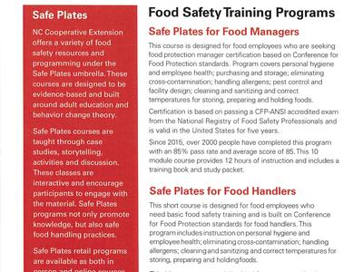 Safe Plates brochure titled "Food Safety Training Programs" listing courses for food managers and handlers.