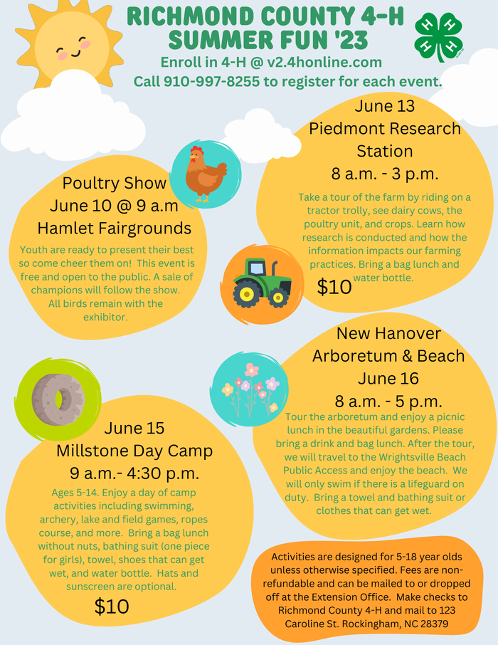 Richmond County 4‑H Summer Fun '23 flyer with event dates; enroll v2.4honline.com; 910-997-8255