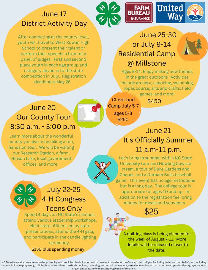 4-H summer events flyer listing District Activity Day, residential camps, county tour, 4-H Congress