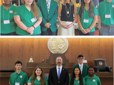 Citizenship North Carolina Focus participants. Pictured (from left) above: Kennedy Perry, Meredith Potter, Lance Williams, Senator Lisa Barnes, Sophia Bobbitt, and Harold Diaz-Rodriguez; below: Harold Diaz-Rodriguez, Meredith Potter, Representative Matt W