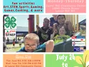 Children on playground; 4-H Boot Camp flyer, July 24–Aug 11, 8:00 AM–3:00 PM, free meals