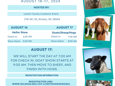 Jones, Craven, & Pamlico 4-H & Cooperative Extension Partnered with the Eastern Carolina Showmanship Circuit Presents: 2024 Livestock Show Aug 16th & 17th, 2024. Hosted by Lenoir County Livestock Arena, 1791 NC-55, Kinston, NC 28504. Aug 16th heifer show 