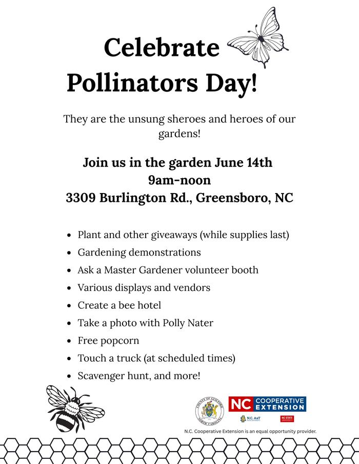 Celebrate Pollinators Day flyer — June 14, 9am–noon, 3309 Burlington Rd., Greensboro, NC