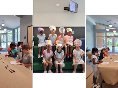 Children at tables painting aprons and chefs hats.