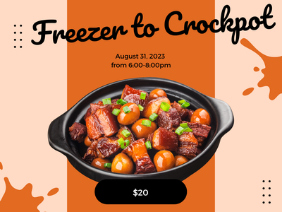 Caption freezer to crockpot with crockpot full of beef, mushrooms and chives. Orange background with splatters of orange.