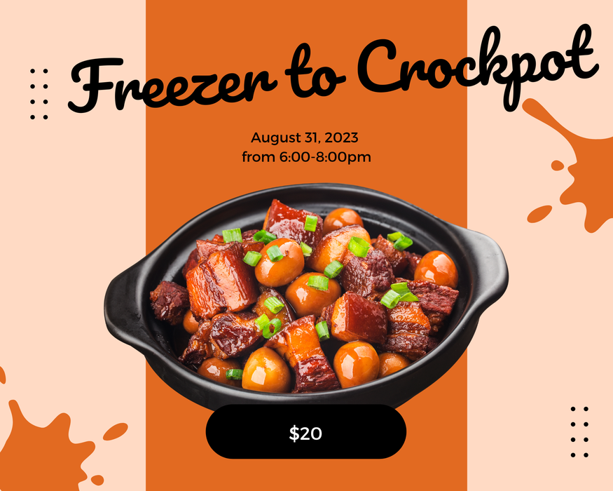 Caption freezer to crockpot with crockpot full of beef, mushrooms and chives. Orange background with splatters of orange.