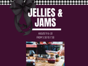 Plum color background with black & white plaid banner and black bow. Picture of mason jar with jam being sifted into it.