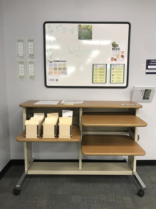 A whiteboard with a desk underneath.