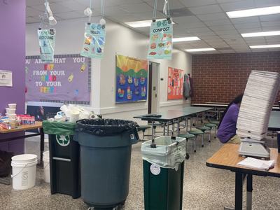 cafeteria set up to help recycle and compost lunch waste