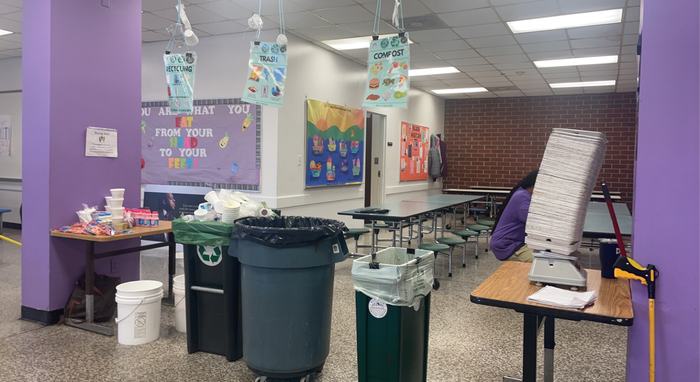 cafeteria set up to help recycle and compost lunch waste