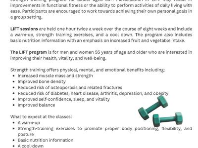 NC Cooperative Extension flyer for LIFT (Lifelong Improvements through Fitness Together) with teal dumbbells
