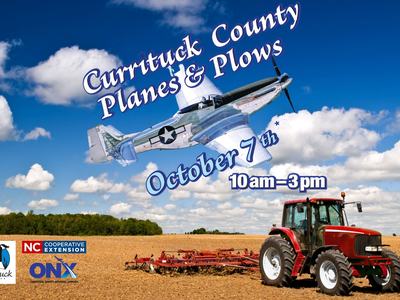 An airplane flying through the air and a tractor plowing a field