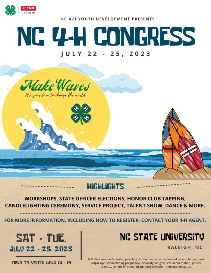 NC 4-H Congress, July 22-25, Make Waves it's Your Turn To Change the World Poster