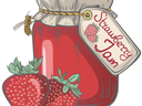 Jar of strawberry jam with tag reading "Strawberry Jam", two strawberries and a bee