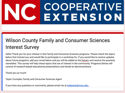 NC Cooperative Extension banner; Wilson County Family and Consumer Sciences Interest Survey