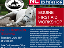 White horse rolling; text: "Equine First Aid Workshop" — Free hands-on, Tue July 18, 9:30 AM
