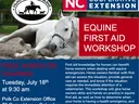 White horse rolling; text: "Equine First Aid Workshop" — Free hands-on, Tue July 18, 9:30 AM