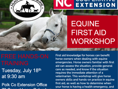 White horse rolling; text: "Equine First Aid Workshop" — Free hands-on, Tue July 18, 9:30 AM