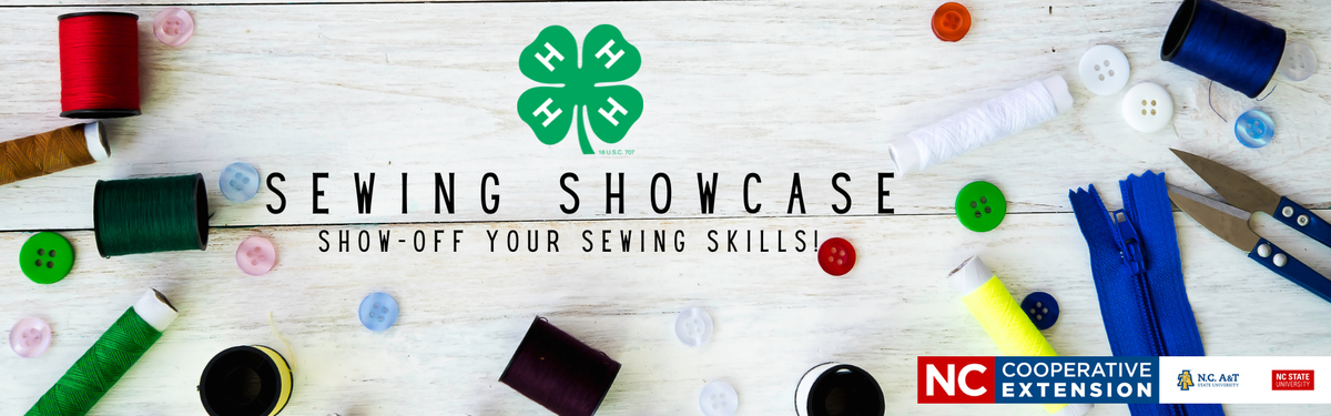 Sewing Showcase header image with sewing notions all over and the 4-H clover logo