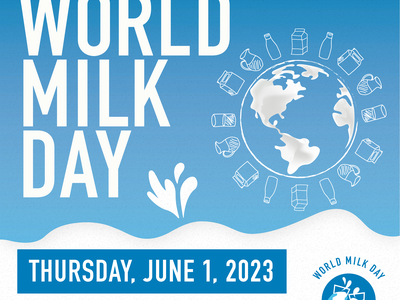 WORLD MILK DAY text, milk-shaped globe, "THURSDAY, JUNE 1, 2023" and #WorldMilkDay