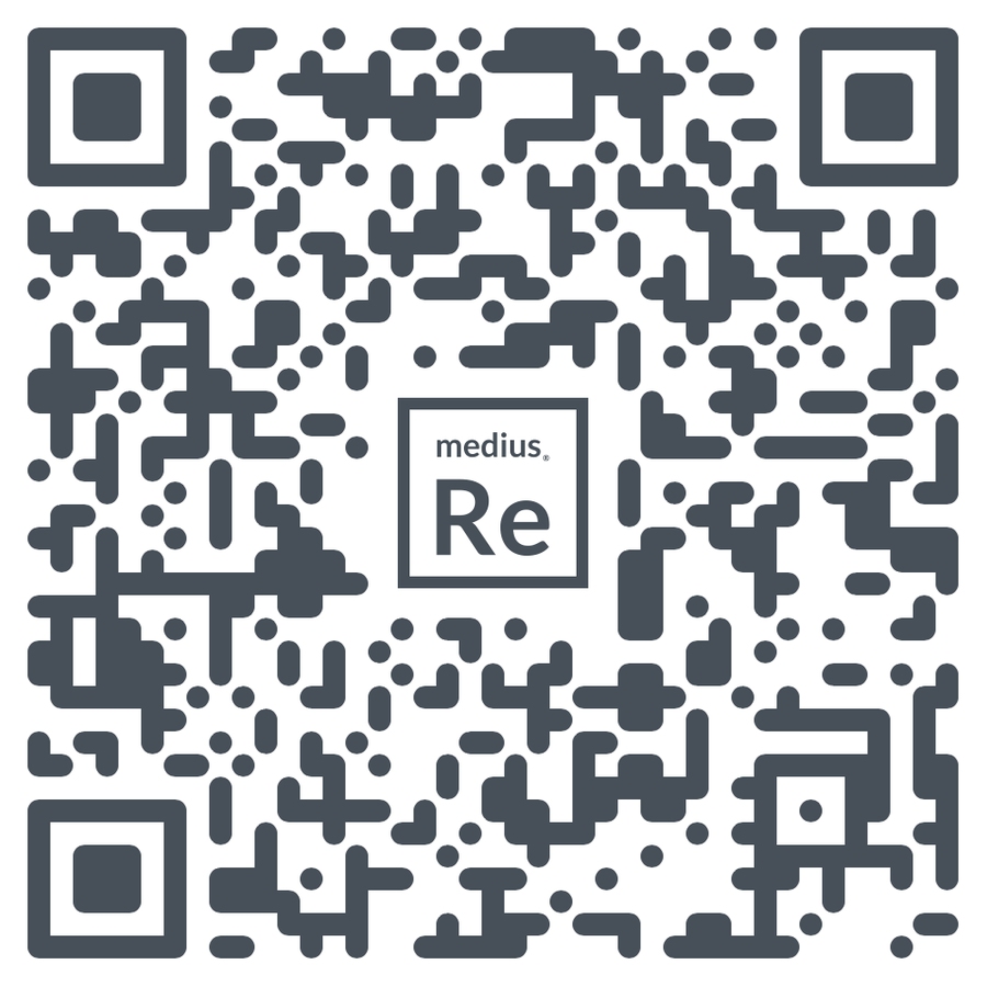 Square QR code pattern with centered boxed text "medius Re"
