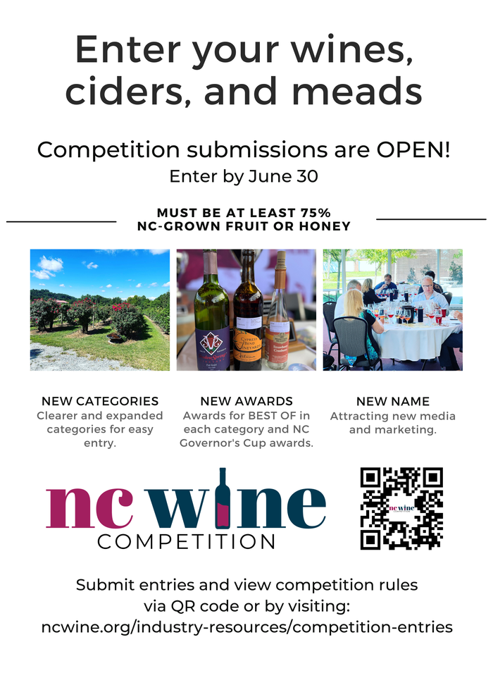 Enter your wines, ciders, and meads Competition submissions are OPEN! Enter by June 30 MUST BE At least 75% NC-GROWN FRUIT OR HONEY