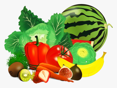 Assortment of fruits and vegetables: watermelon, tomato, banana, bell pepper, cabbage, kiwi, strawberry, fig, carrot