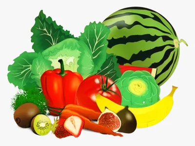 Assortment of fruits and vegetables: watermelon, tomato, banana, bell pepper, cabbage, kiwi, strawberry, fig, carrot