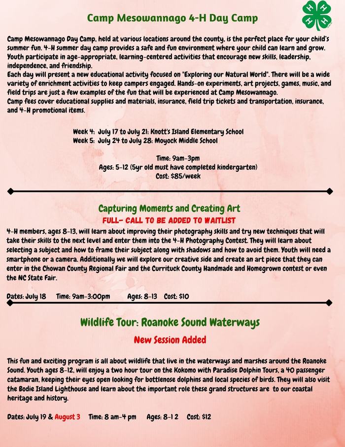 Currituck 4-H Summer Fun Camp Information