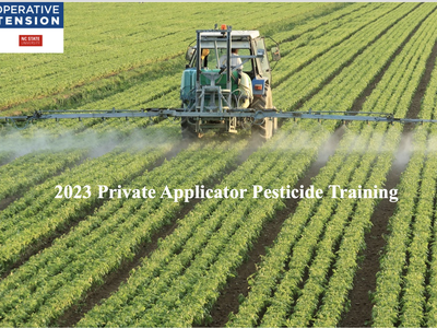 Tractor spraying crop rows in a field; text: "2023 Private Applicator Pesticide Training"