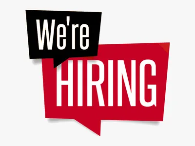 "We're HIRING" text inside overlapping black and red speech-bubble graphics