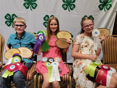 Three youth 4 H participants hold their medals and ribbons.